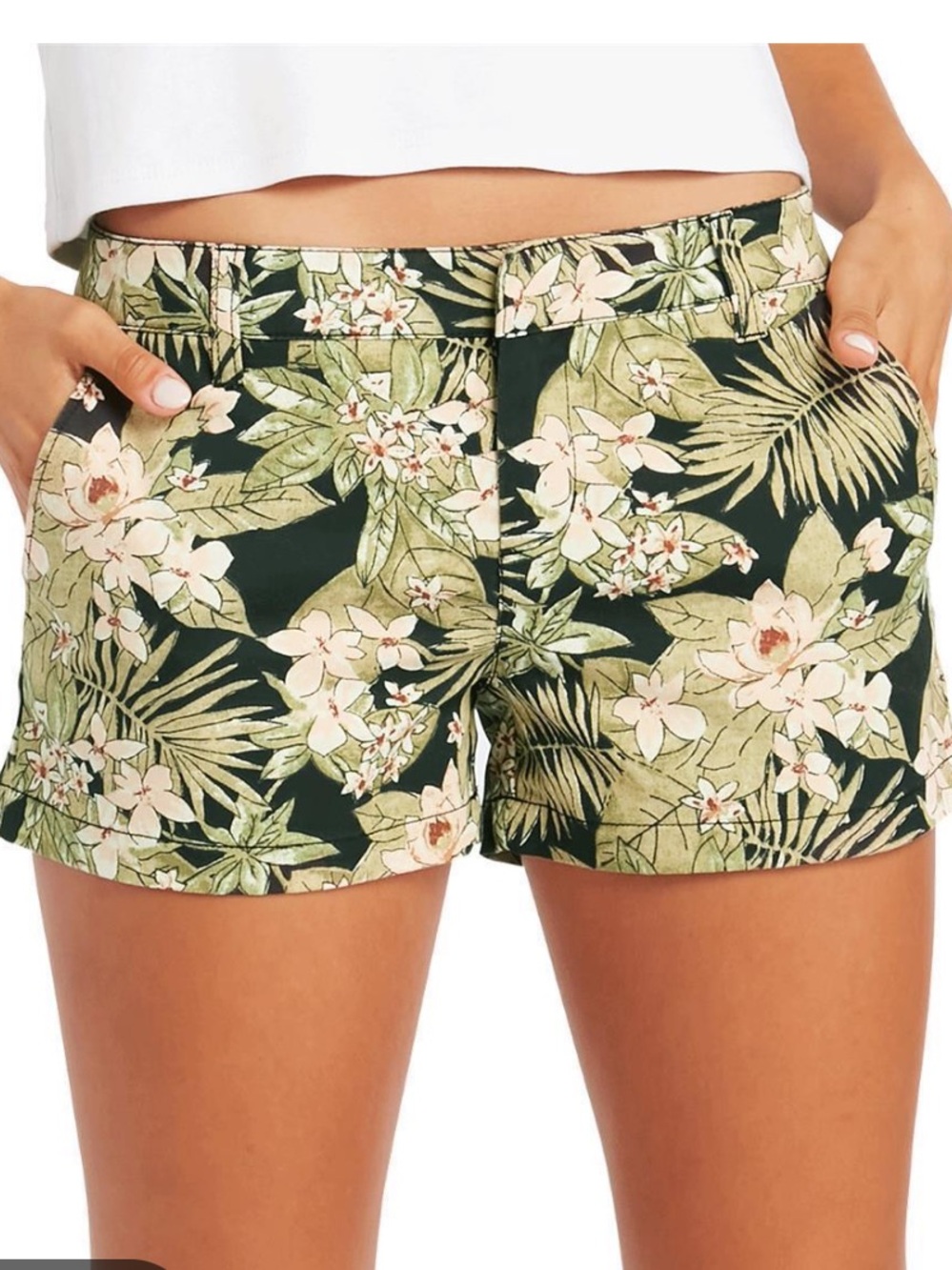 👗Volcom Frochickie Tropical Floral Cotton Blend Women's Shorts - Black/Green